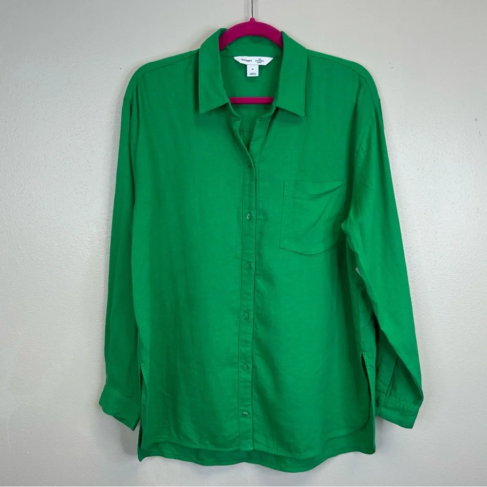Old Navy Women’s M Vibrant Kelly Green Linen Button Down Shirt St. Patrick’s Day - Picture 1 of 11